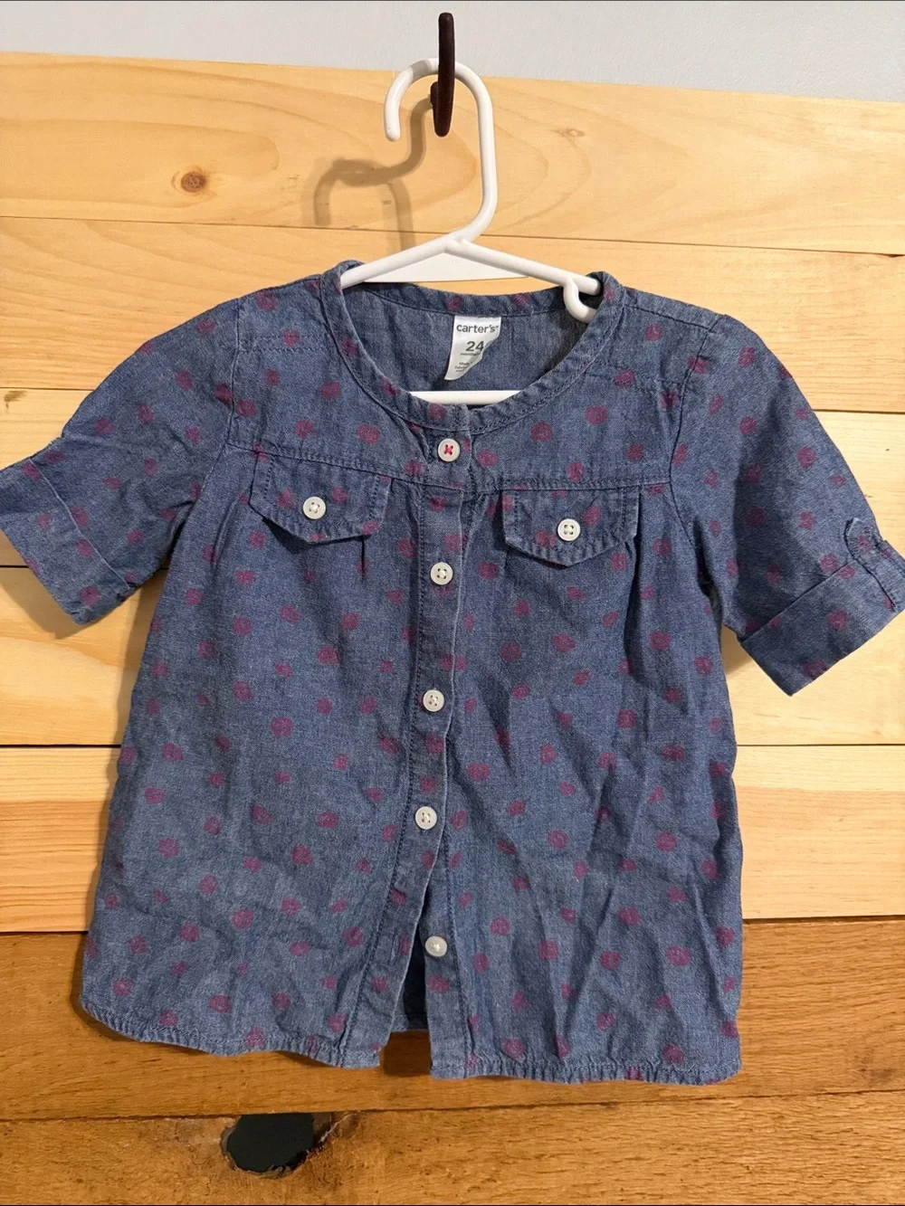 Carter's Blue Short Sleeve Button-Up Shirt with Pink Dot Print